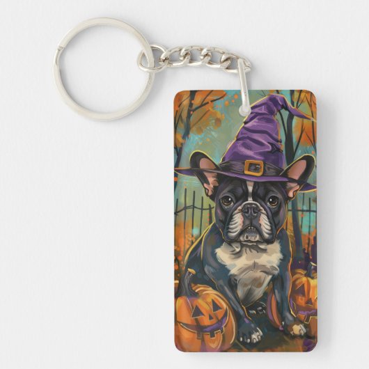 Spookachtige Franse Bulldog Halloween Hekst en Pom Sleutelhanger (Voorkant)