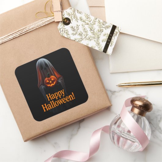 Spookachtige Geest met Pompoen – Gelukkig Hallowee Vierkante Sticker (Geschenken)