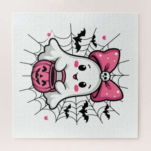 Spookachtige Geest met Roze Strik Borstkanker Bewu Legpuzzel (Horizontaal)