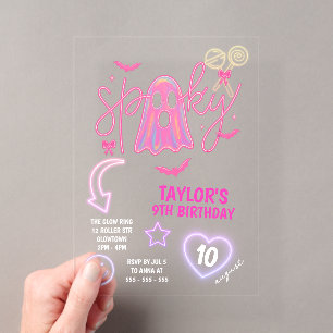 Spookachtige Geest Neon Roze Halloween Verjaardag Acryl Uitnodigingen