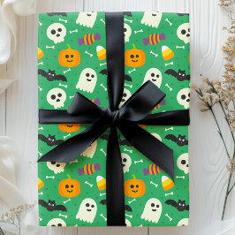 Spookachtige groene spook-, vleermuis- en schedel- cadeaupapier