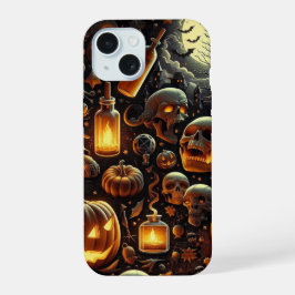 Spookachtige Halloween schedels, vleermuizen, bome iPhone 15 Case