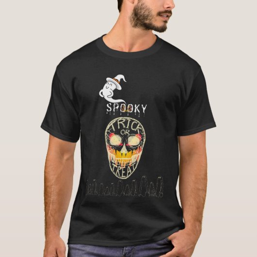 Spookachtige Halloween Skull en Ghosts T-shirt (Voorkant)