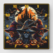 Spookachtige heksen verzamelen zich op Halloween-a Vierkante Klok (Voorkant)