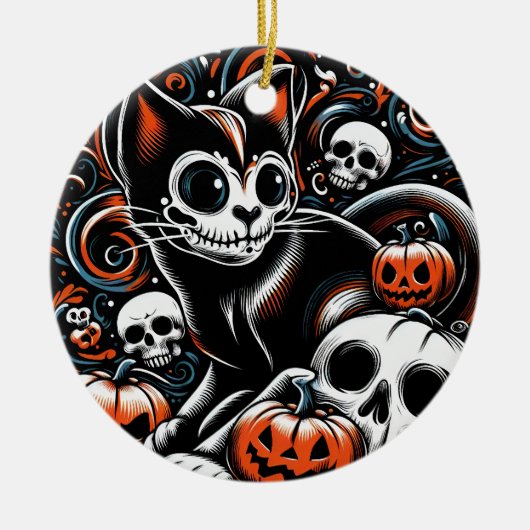 Spookachtige kat met schedels keramisch ornament (Voorkant)