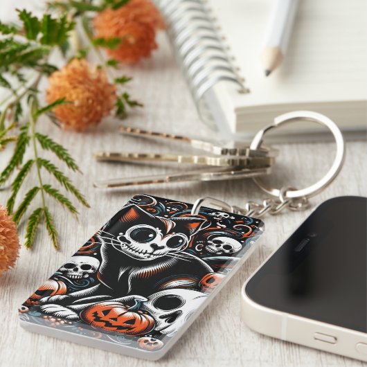 Spookachtige kat met schedels sleutelhanger (Voorkant Rechts)