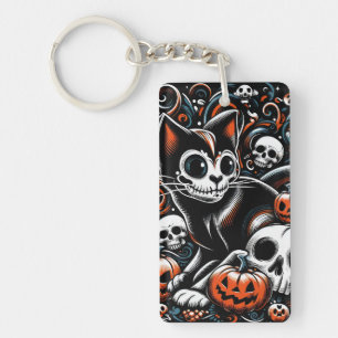 Spookachtige kat met schedels sleutelhanger