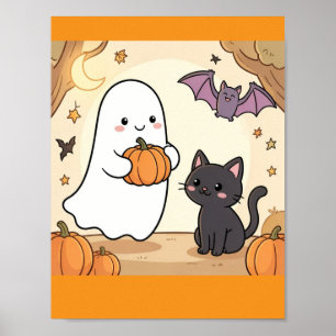Spookachtige Kawaii Geest Plezier met Zwarte Kat Poster