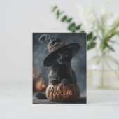 Spookachtige "Meowgic" Zwarte Kat in een Heks Pet Feestdagenkaart (Staand voorkant)