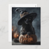 Spookachtige "Meowgic" Zwarte Kat in een Heks Pet Feestdagenkaart (Voorkant / Achterkant)