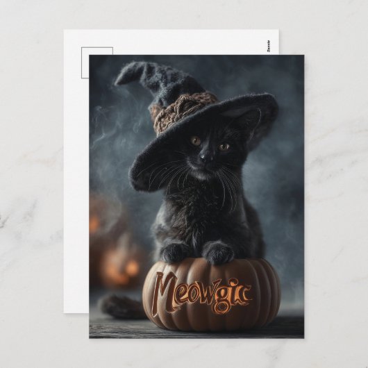 Spookachtige "Meowgic" Zwarte Kat in een Heks Pet Feestdagenkaart (Voorkant / Achterkant)