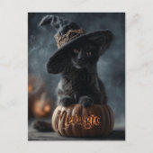 Spookachtige "Meowgic" Zwarte Kat in een Heks Pet Feestdagenkaart (Voorkant)