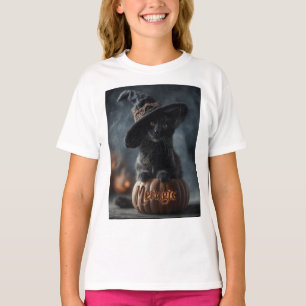 Spookachtige "Meowgic" Zwarte Kat in een Heks Pet T-shirt