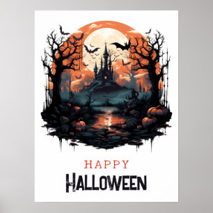Spookachtige plek, volle maan, vleermuizen, spookh poster
