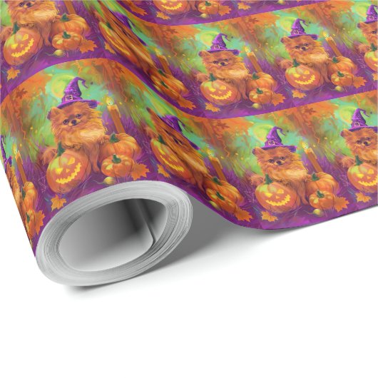 Spookachtige Pommerse hond Halloween heks en pompo Cadeaupapier (Rol Hoek)