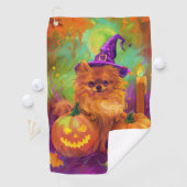 Spookachtige Pommerse hond Halloween heks en pompo Golfhanddoek (Insitu)
