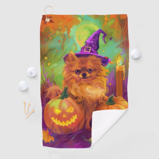 Spookachtige Pommerse hond Halloween heks en pompo Golfhanddoek (Insitu)