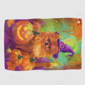 Spookachtige Pommerse hond Halloween heks en pompo Golfhanddoek (Horizontaal)