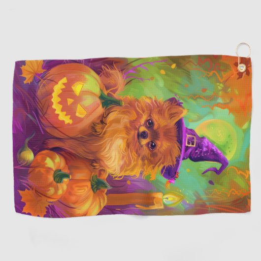 Spookachtige Pommerse hond Halloween heks en pompo Golfhanddoek (Horizontaal)