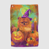 Spookachtige Pommerse hond Halloween heks en pompo Golfhanddoek (Voorkant)