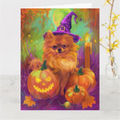Spookachtige Pommerse hond Halloween heks en pompo Kaart (Gele Bloem)