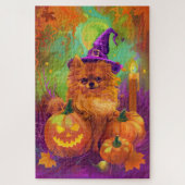 Spookachtige Pommerse hond Halloween heks en pompo Legpuzzel (Verticaal)