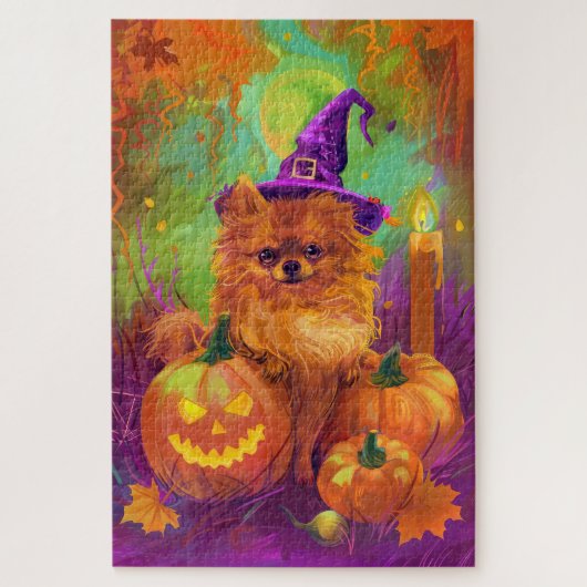 Spookachtige Pommerse hond Halloween heks en pompo Legpuzzel (Verticaal)