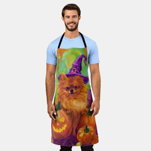 Spookachtige Pommerse hond Halloween heks en pompo Schort (Gedragen)