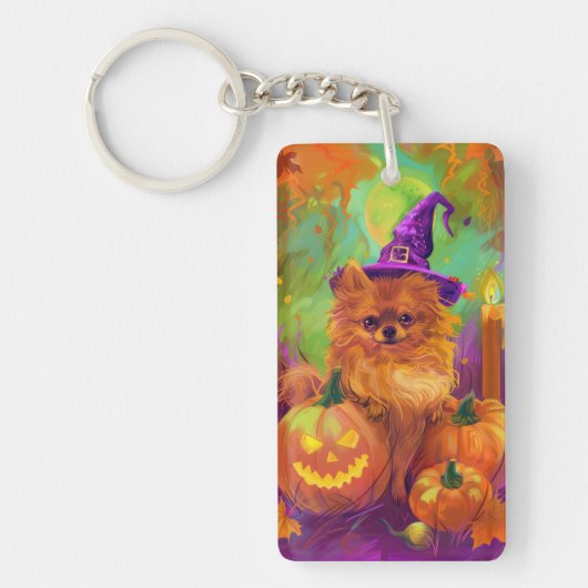 Spookachtige Pommerse hond Halloween heks en pompo Sleutelhanger (Voorkant)