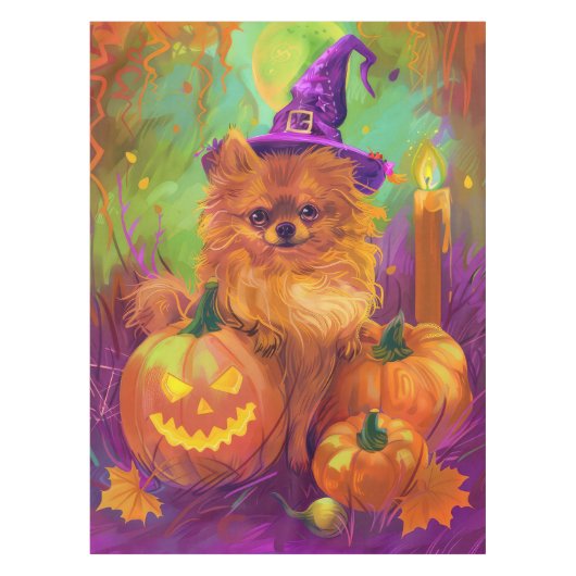Spookachtige Pommerse hond Halloween heks en pompo Tafelkleed (Voorkant)
