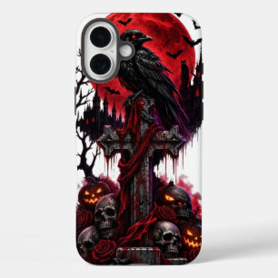 Spookachtige raaf Halloween gotische begraafplaats iPhone 16 Plus Hoesje