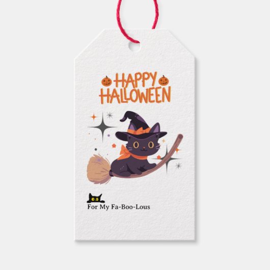 Spookachtige Schattigee Cat Witch Halloween-gunstt Cadeaulabel (Voorkant)