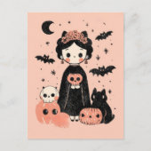 Spookachtige Schattigee Frida Kahlo Retro Roze Hal Briefkaart (Voorkant)