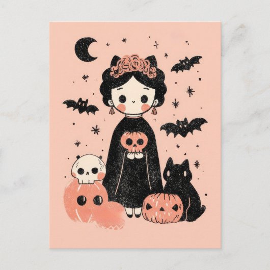 Spookachtige Schattigee Frida Kahlo Retro Roze Hal Briefkaart (Voorkant)