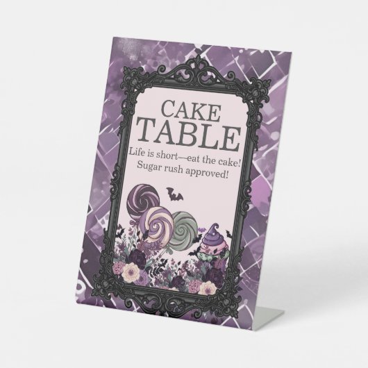 Spookachtige Schattigee gotische paarse taarttafel Reclamebord Met Voetstuk (Voorkant)