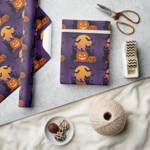Spookachtige Schattigee Halloween Black Cats & Pum Cadeaupapier