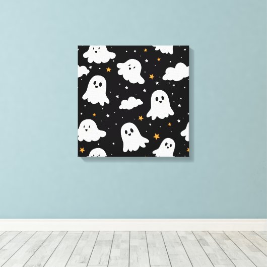 Spookachtige Schattigee Halloween Ghost Cloudy Sta Canvas Afdruk (Insitu (Houten vloer))