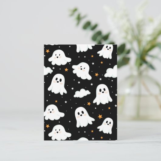 Spookachtige Schattigee Halloween Ghost Cloudy Sta Feestdagenkaart (Staand voorkant)