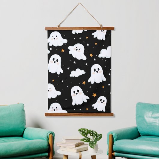 Spookachtige Schattigee Halloween Ghost Cloudy Sta Hangend Wandkleed (Woonkamer)