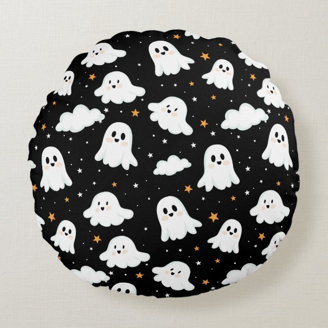 Spookachtige Schattigee Halloween Ghost Cloudy Sta Rond Kussen (Voorkant)