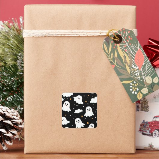 Spookachtige Schattigee Halloween Ghost Cloudy Sta Vierkante Sticker (Feestdagen)