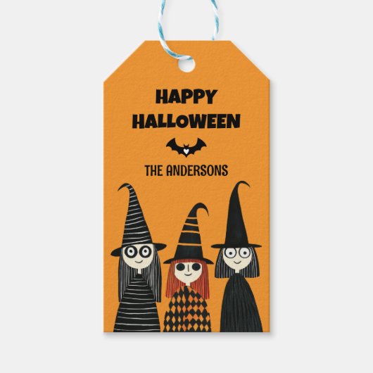 Spookachtige Schattigee heksen met naam Happy Hall Cadeaulabel (Voorkant)