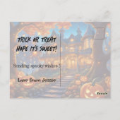 Spookachtige villa in het bos, pompoenen, Hallowee Briefkaart (Achterkant)