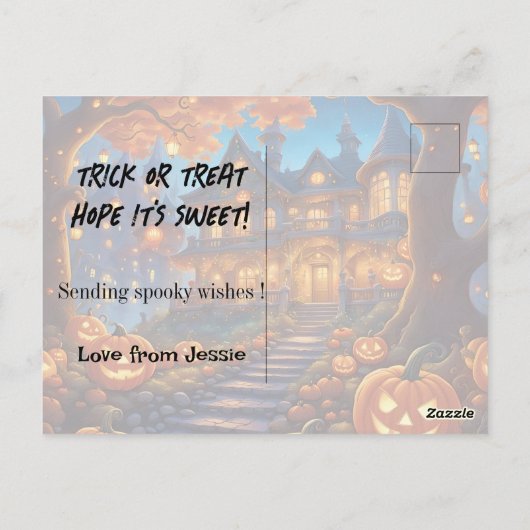 Spookachtige villa in het bos, pompoenen, Hallowee Briefkaart (Achterkant)