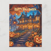 Spookachtige villa in het bos, pompoenen, Hallowee Briefkaart (Voorkant)