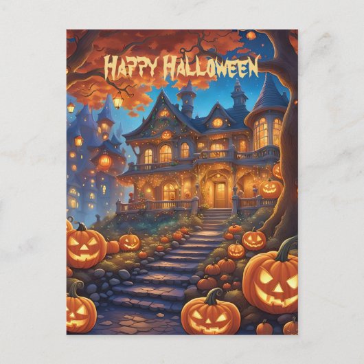 Spookachtige villa in het bos, pompoenen, Hallowee Briefkaart (Voorkant)