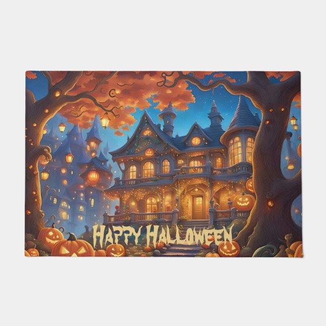 Spookachtige villa in het bos, pompoenen, Hallowee Deurmat (Voorkant)