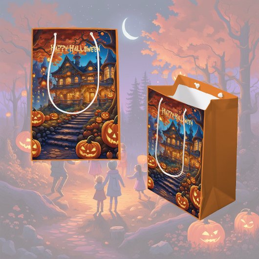 Spookachtige villa in het bos, pompoenen, Hallowee Medium Cadeauzakje