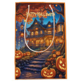 Spookachtige villa in het bos, pompoenen, Hallowee Medium Cadeauzakje (Voorkant)
