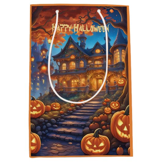 Spookachtige villa in het bos, pompoenen, Hallowee Medium Cadeauzakje (Voorkant)